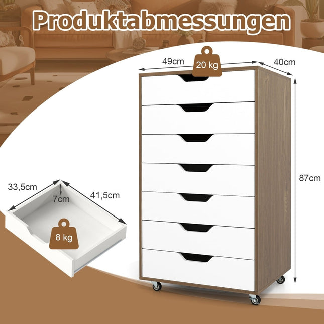 Mobile File Cabinet with 7 Drawers and Wheels, Natural Wood