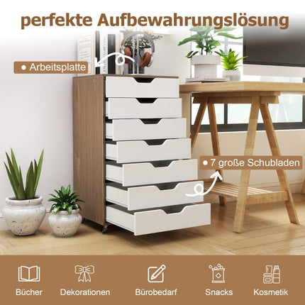 Mobile File Cabinet with 7 Drawers and Wheels, Natural Wood
