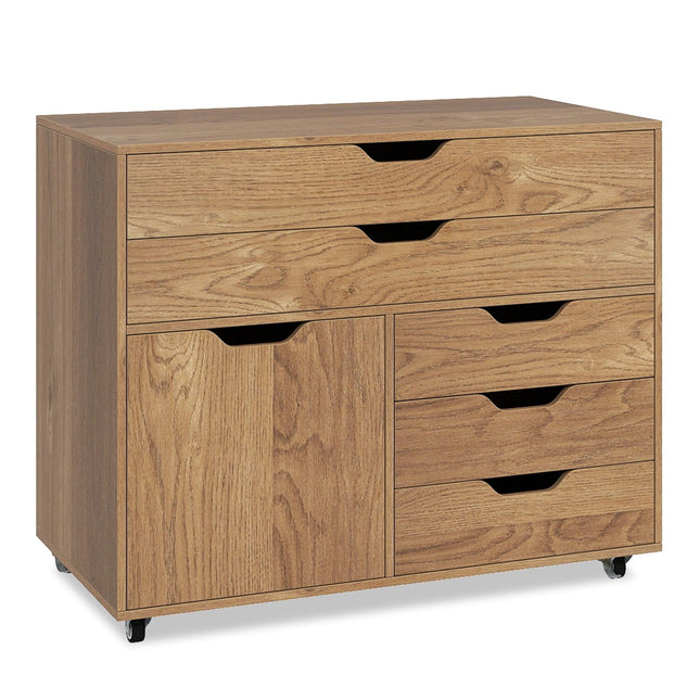 Mobile Filing Cabinet with 5 Drawers & Cupboard, Natural Wood