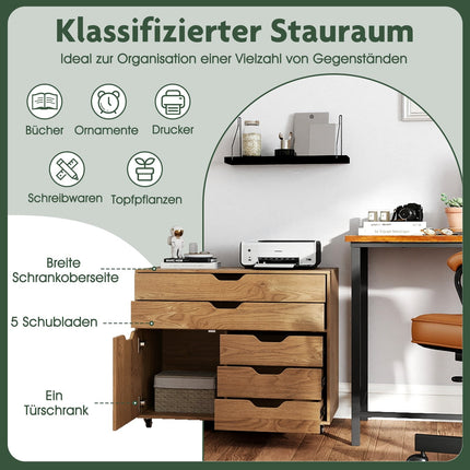 Mobile Filing Cabinet with 5 Drawers & Cupboard, Natural Wood