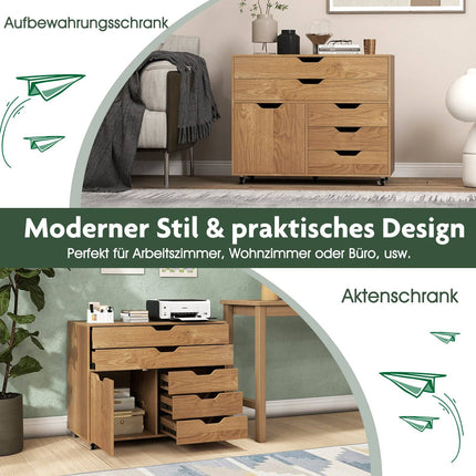 Mobile Filing Cabinet with 5 Drawers & Cupboard, Natural Wood