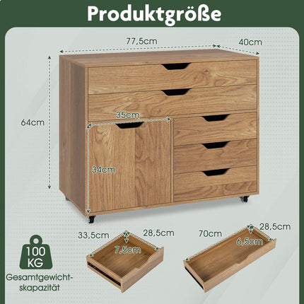 Mobile Filing Cabinet with 5 Drawers & Cupboard, Natural Wood