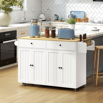 Mobile Kitchen Island, 2 Drawers, Spice Rack, MDF, White
