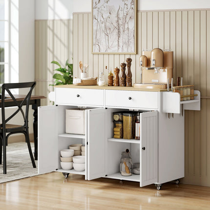 Mobile Kitchen Island, 2 Drawers, Spice Rack, MDF, White
