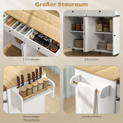 Mobile Kitchen Island, 2 Drawers, Spice Rack, MDF, White
