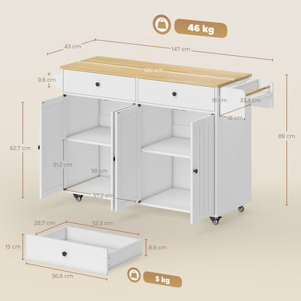 Mobile Kitchen Island, 2 Drawers, Spice Rack, MDF, White