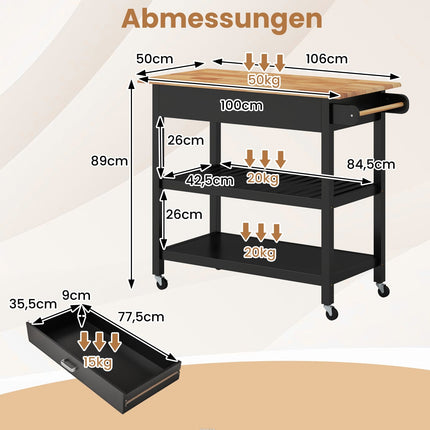 Mobile Kitchen Island Cart with Drawer & Shelves, Black