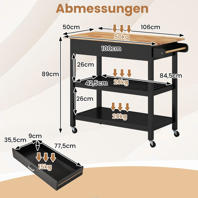 Mobile Kitchen Island Cart with Drawer & Shelves, Black