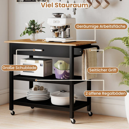 Mobile Kitchen Island Cart with Drawer & Shelves, Black