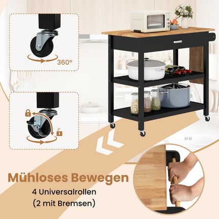 Mobile Kitchen Island Cart with Drawer & Shelves, Black