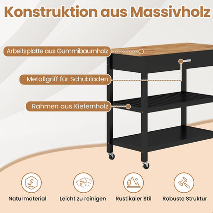 Mobile Kitchen Island Cart with Drawer & Shelves, Black