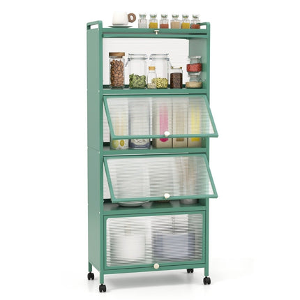 Mobile Kitchen Shelf with Wheels, Folding Doors, 5 Tiers