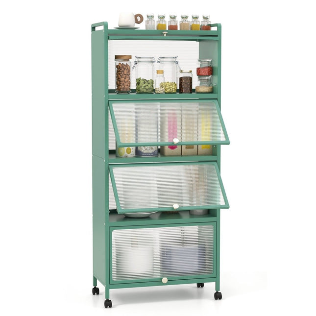 Mobile Kitchen Shelf with Wheels, Folding Doors, 5 Tiers