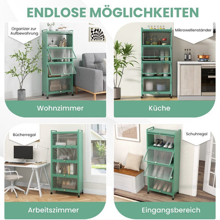 Mobile Kitchen Shelf with Wheels, Folding Doors, 5 Tiers