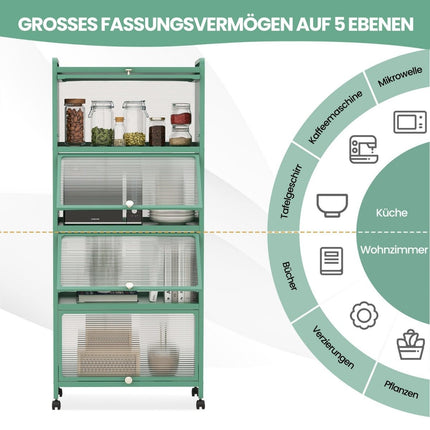Mobile Kitchen Shelf with Wheels, Folding Doors, 5 Tiers