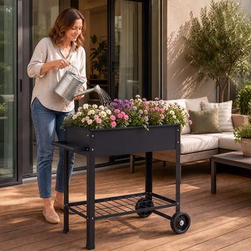 Mobile Metal Raised Garden Bed with Wheels & Shelf, Black
