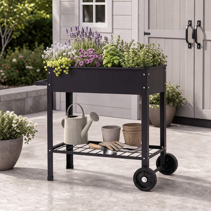 Mobile Metal Raised Garden Bed with Wheels & Shelf, Black