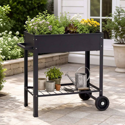 Mobile Metal Raised Garden Bed with Wheels & Shelf, Black