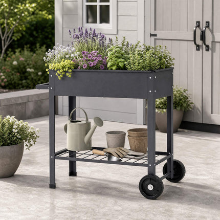 Mobile Metal Raised Garden Bed with Wheels and Shelf