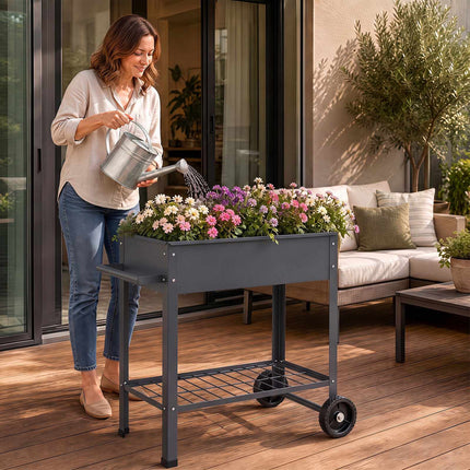 Mobile Metal Raised Garden Bed with Wheels and Shelf