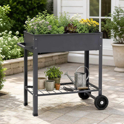 Mobile Metal Raised Garden Bed with Wheels and Shelf