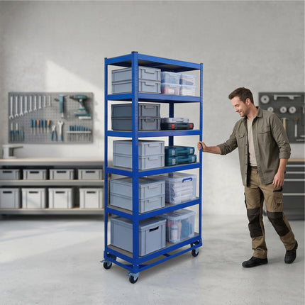 Mobile Metal Shelving Unit – Adjustable Steel, Locking Casters