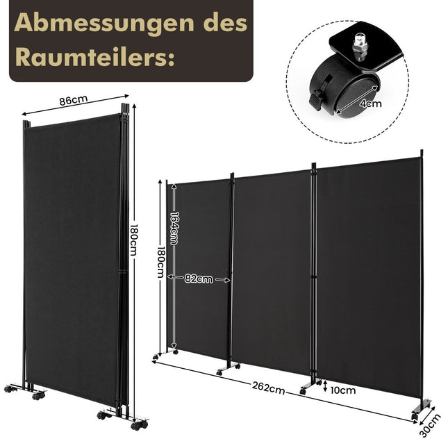 Mobile Room Divider with Wheels, 3 Panels, 180 cm, Black