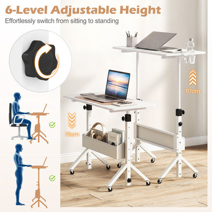 Mobile Standing Desk, Height Adjustable with Storage Basket