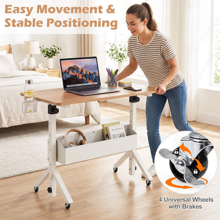 Mobile Standing Desk, Height Adjustable with Storage Basket