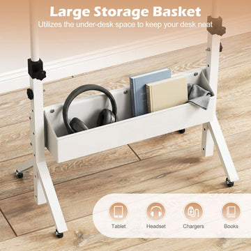 Mobile Standing Desk, Height Adjustable with Storage Basket