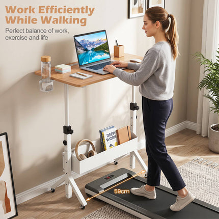 Mobile Standing Desk, Height Adjustable with Storage Basket