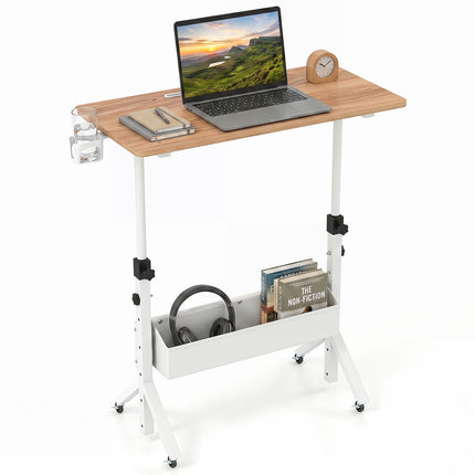 Mobile Standing Desk, Height Adjustable with Storage Basket