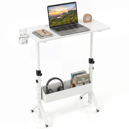 Mobile Standing Desk, Height Adjustable with Storage Basket
