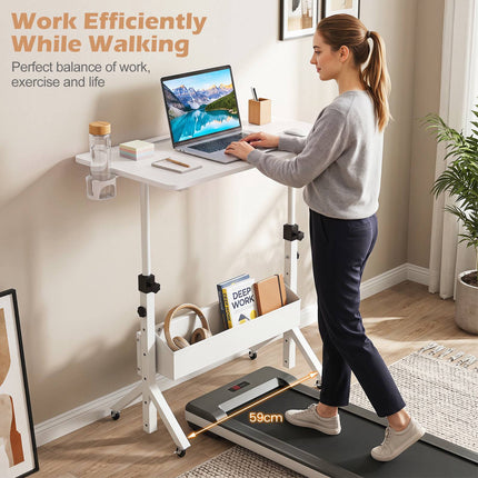 Mobile Standing Desk, Height Adjustable with Storage Basket