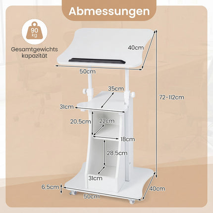 Mobile Standing Desk With Wheels, Tilting Top, 72-112 Cm