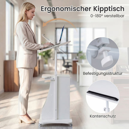 Mobile Standing Desk With Wheels, Tilting Top, 72-112 Cm