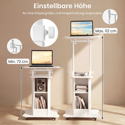 Mobile Standing Desk With Wheels, Tilting Top, 72-112 Cm