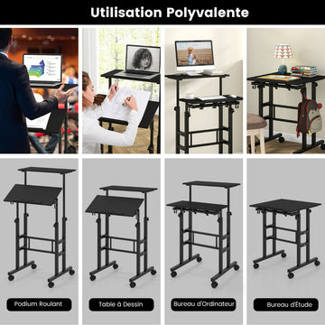 Mobile Standing Desk with Wheels, Height Adjustable, Black