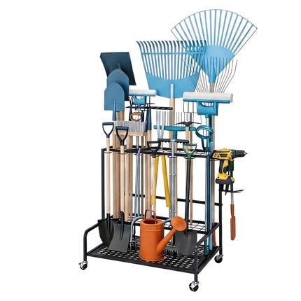 Mobile Steel Garden Tool Rack with Castors, Black