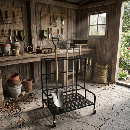 Mobile Steel Garden Tool Rack with Castors, Black