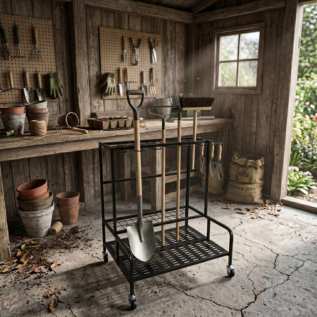 Mobile Steel Garden Tool Rack with Castors, Black