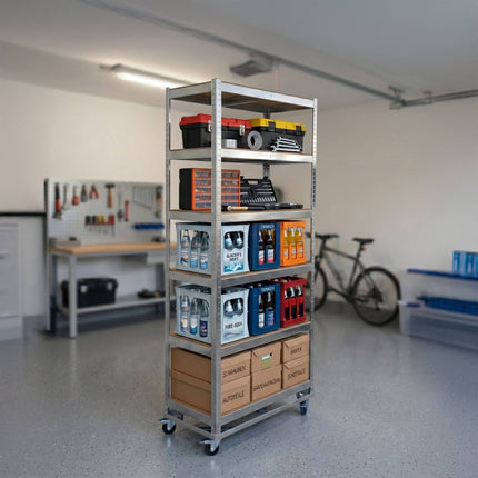 Mobile Steel Shelving Unit – Adjustable Shelves, Braked Castors