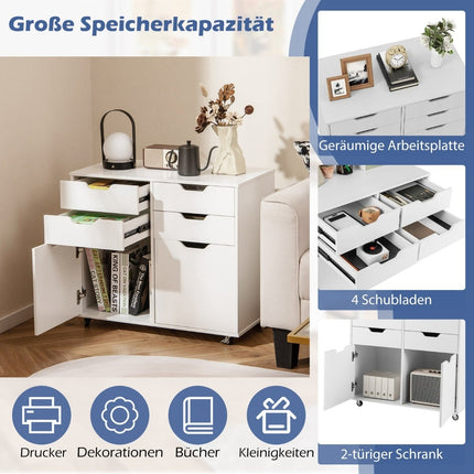 Mobile Storage Cabinet with 4 Drawers and 2 Doors, White