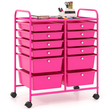 Mobile Storage Cart with 12 Drawers, Metal Frame, Pink
