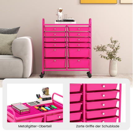 Mobile Storage Cart with 12 Drawers, Metal Frame, Pink