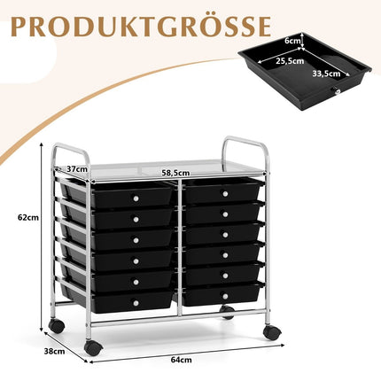 Mobile Storage Cart with 12 Stackable Drawers, Black