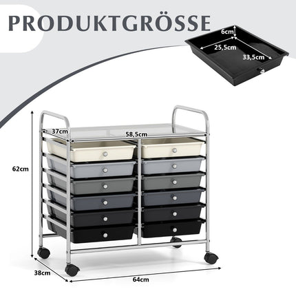 Mobile Storage Cart with 12 Stackable Drawers, Black