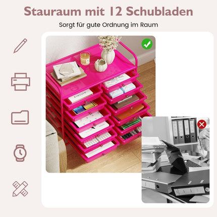 Mobile Storage Cart with 12 Stackable Drawers, Dark Pink