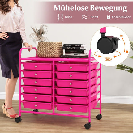 Mobile Storage Cart with 12 Stackable Drawers, Dark Pink