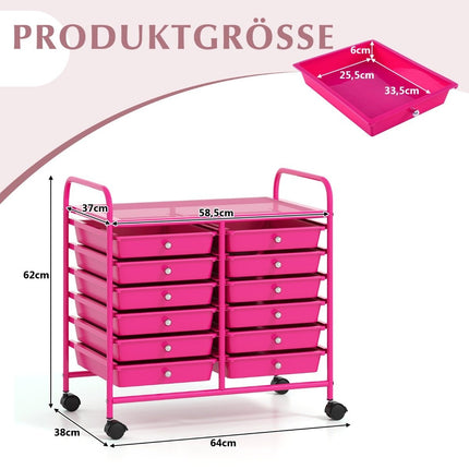 Mobile Storage Cart with 12 Stackable Drawers, Dark Pink